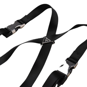 極美品 PRADA プラダ ポーチ付きRe-Nylon サスペンダーパンツ トライアングルポーチ ブラック シルバー金具 サスペンダー ナイロン メタルプレート 中古 4a001962