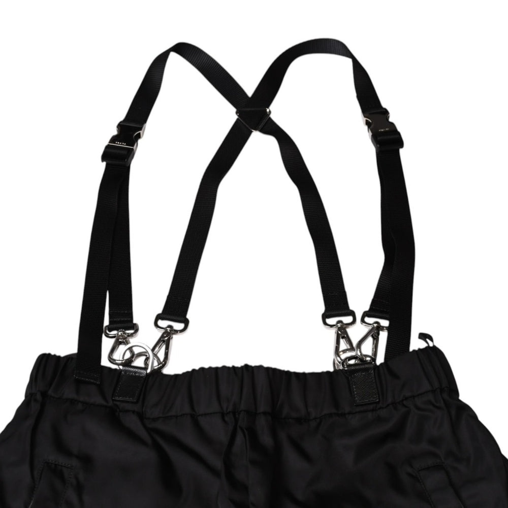 Very good condition PRADA Re-Nylon suspender pants with pouch triangle pouch black silver hardware suspenders nylon metal plate used 4a001962