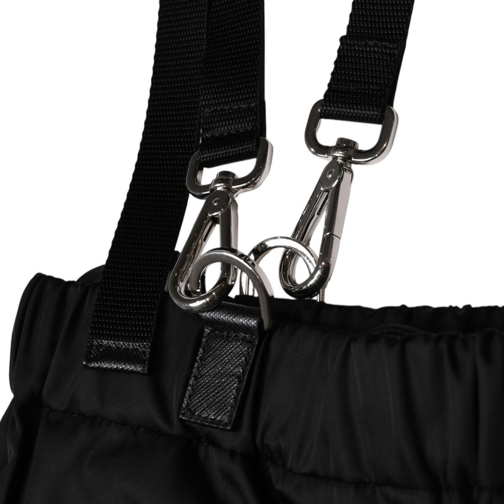 Very good condition PRADA Re-Nylon suspender pants with pouch triangle pouch black silver hardware suspenders nylon metal plate used 4a001962