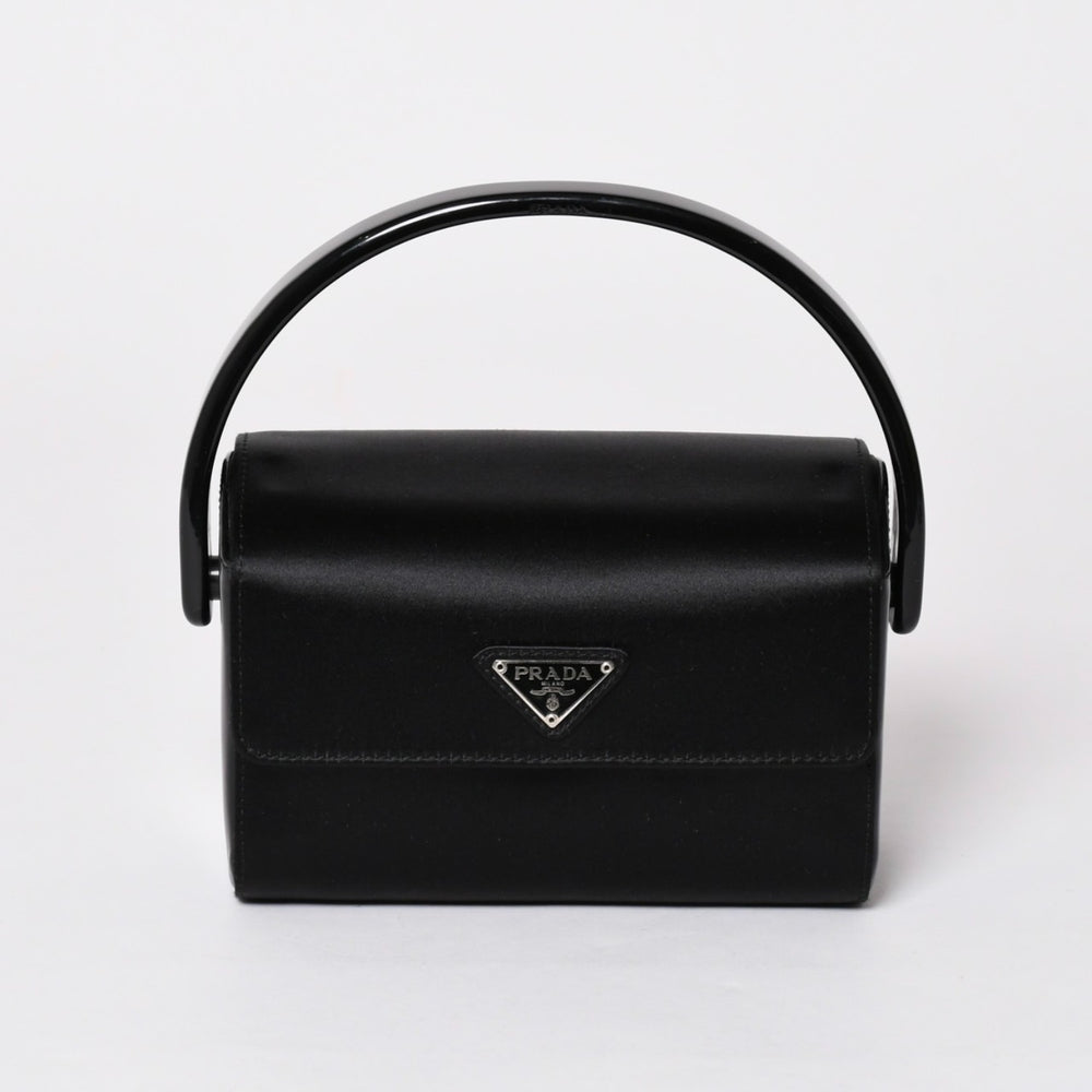 極美品 PRADA プラダ ハンドバッグ サテン ミニ バニティ トライアングルロゴ 三角ロゴプレート アセテート ブラック 中古 4a001984