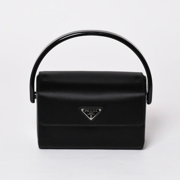 極美品 PRADA プラダ ハンドバッグ サテン ミニ バニティ トライアングルロゴ 三角ロゴプレート アセテート ブラック 中古 4a001984