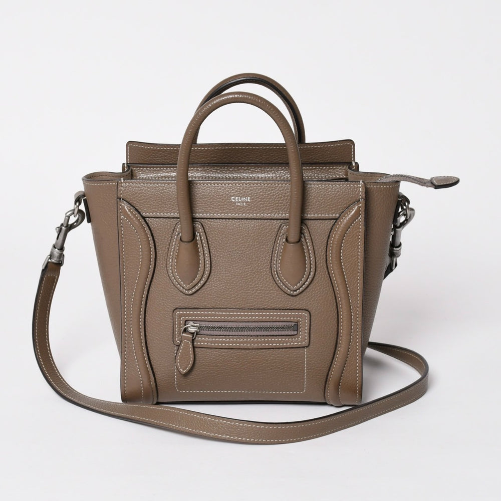 極美品 CELINE セリーヌ ハンドバッグ ショルダーバッグ 2way ラゲージナノショッパー カーフスキン メタルブラック金具 スリ ベージュ 中古 4a002846