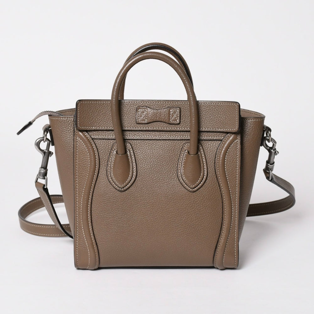 極美品 CELINE セリーヌ ハンドバッグ ショルダーバッグ 2way ラゲージナノショッパー カーフスキン メタルブラック金具 スリ ベージュ 中古 4a002846