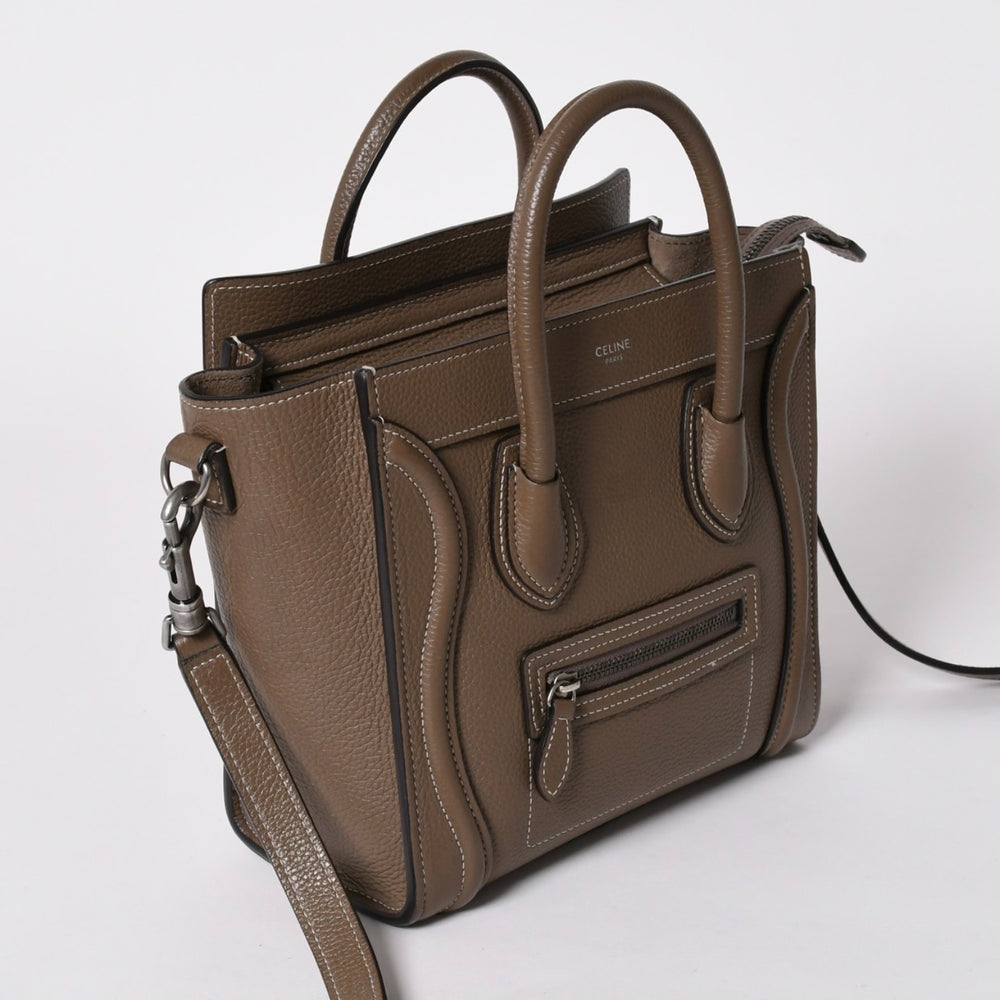 Very Good Condition CELINE Handbag Shoulder Bag 2way Luggage Nano Shopper Calfskin Metal Black Hardware Suri Beige Used 4a002846