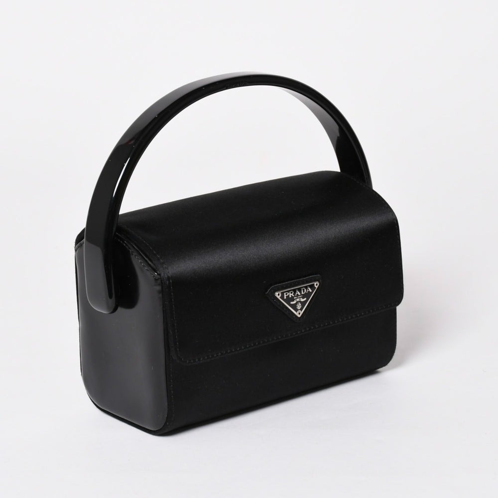Very Good Condition PRADA Handbag Satin Mini Vanity Triangle Logo Triangle Logo Plate Acetate Black Used 4a001984