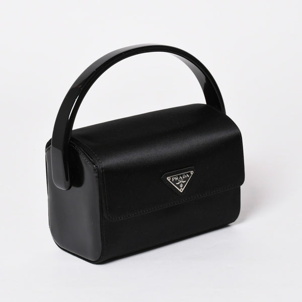 極美品 PRADA プラダ ハンドバッグ サテン ミニ バニティ トライアングルロゴ 三角ロゴプレート アセテート ブラック 中古 4a001984