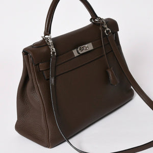 極美品 HERMES エルメス ケリー32 内縫い エベンヌ □K刻印 トリヨンクレマンス シルバー金具 ハンドバッグ 2WAY 中古 4a002814