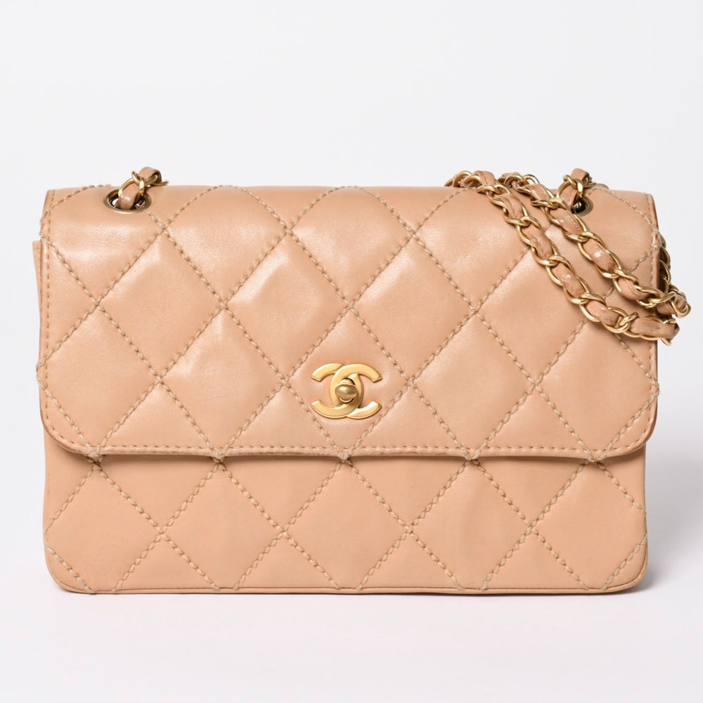 CHANEL Wild Stitch Matelasse 25 Chain Shoulder Bag No. 8 Coco Mark Calfskin Beige Good Condition Used 4a001987