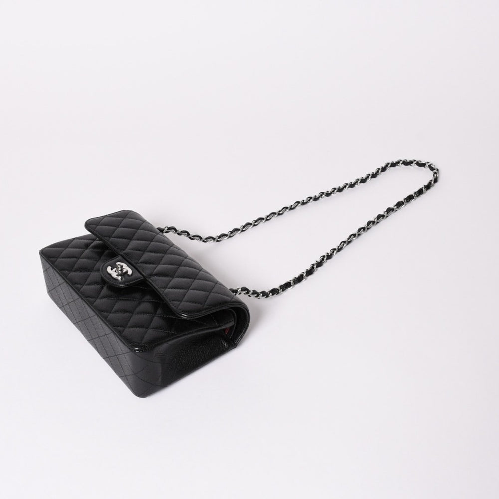 Unused CHANEL W flap chain shoulder bag Matelasse 23 caviar skin black silver metal fittings random used 4a002446