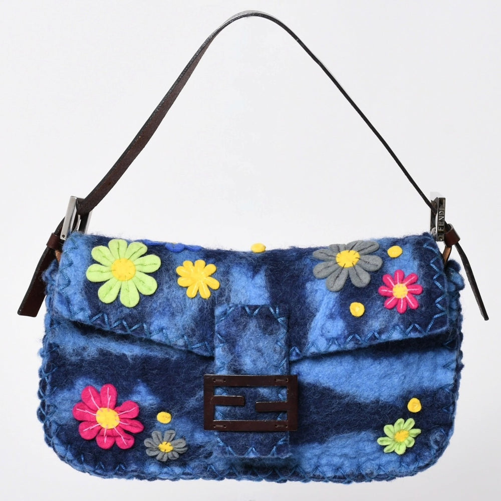 極美品 FENDI フェンディ マンマバケット ワンショルダーバッグ フェルト レザー フラワー パッチワーク ブルー シルバー金具 中古 4a001994
