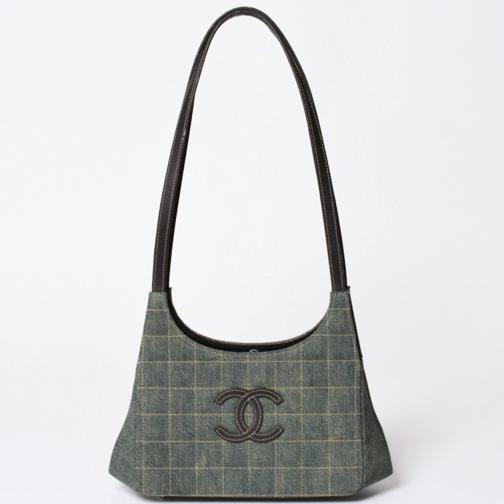 CHANEL Chocolate Bar One Shoulder Bag No. 6 Here Mark Patch Denim Leather Blue Silver Hardware Good Condition Used 4a001991