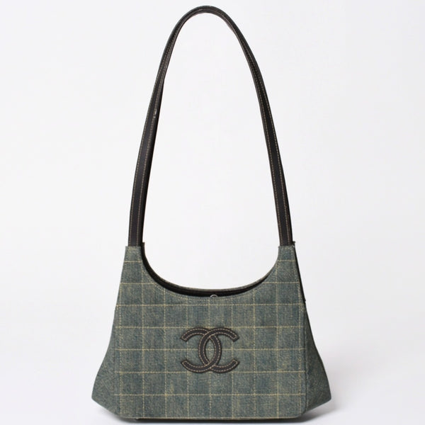 CHANEL Chocolate Bar One Shoulder Bag No. 6 Here Mark Patch Denim Leather Blue Silver Hardware Good Condition Used 4a001991