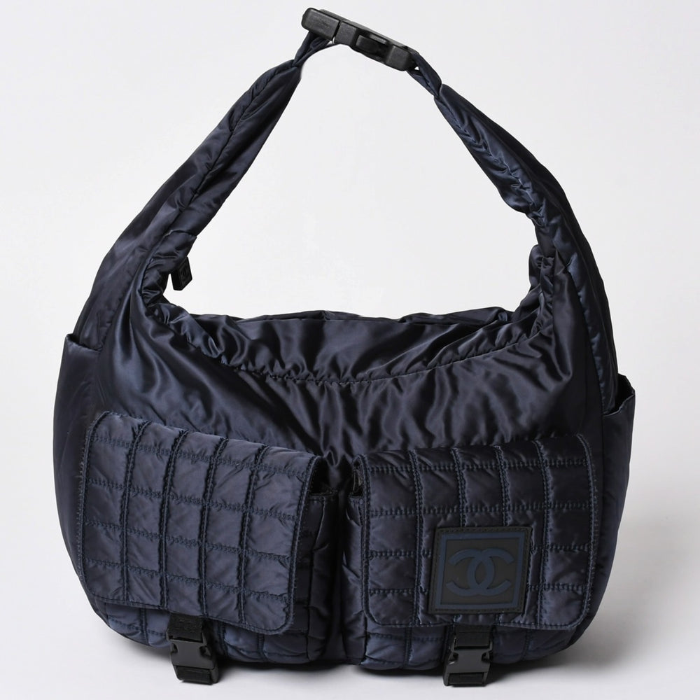 極美品 CHANEL シャネル スポーツライン ワンショルダーバッグ 9番台 ココマーク チョコバー ナイロン ネイビー シルバー金具 中古 4a001988