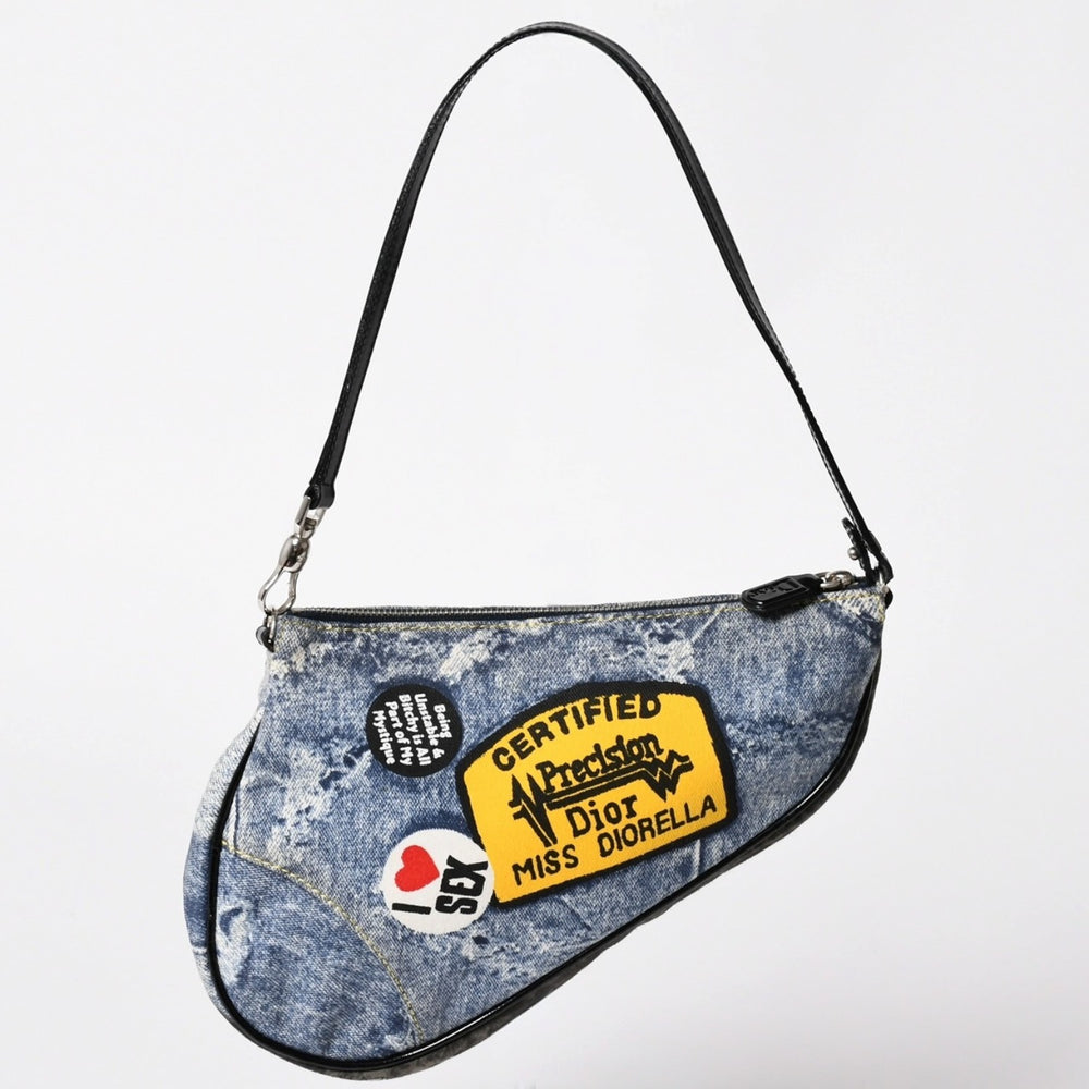 Very Good Condition Christian Dior Miss Diorella Denim Print Saddle Bag Trompe L'oeil Leather Canvas Galliano Period Used 4a001997