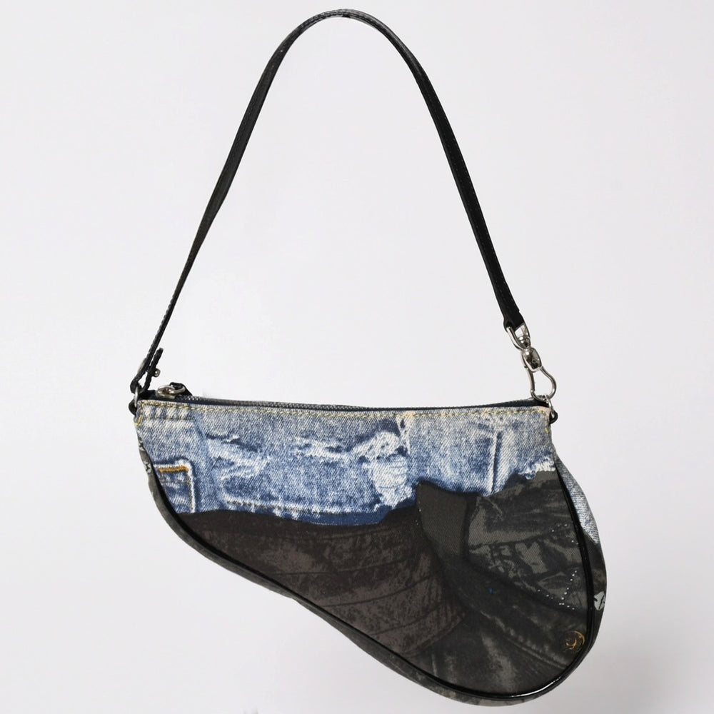 Very Good Condition Christian Dior Miss Diorella Denim Print Saddle Bag Trompe L'oeil Leather Canvas Galliano Period Used 4a001997