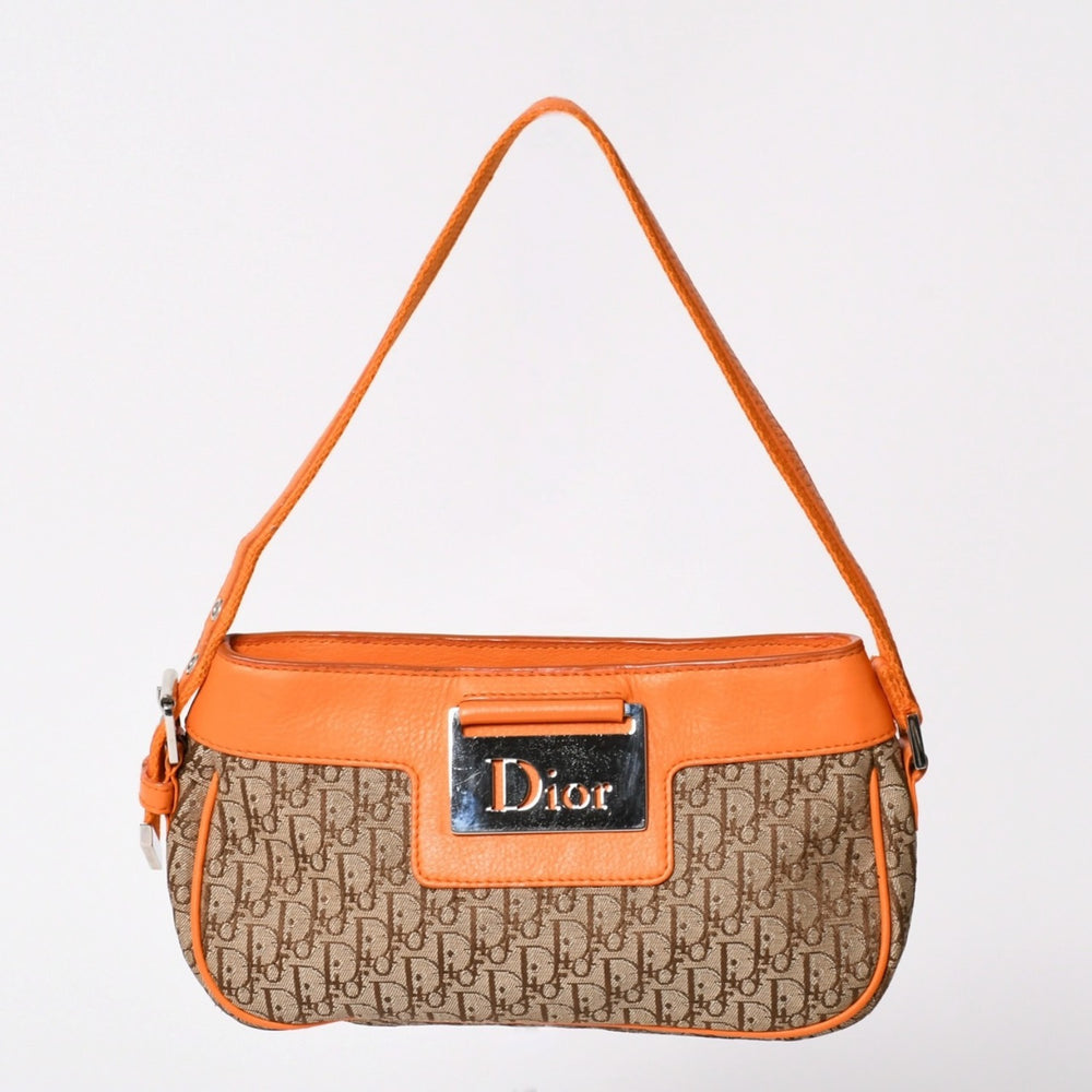 Christian Dior Street Chic Trotter Pattern One Shoulder Bag Canvas Galliano Period Orange Beige Leather CM1015 Good Condition Used 4a002023