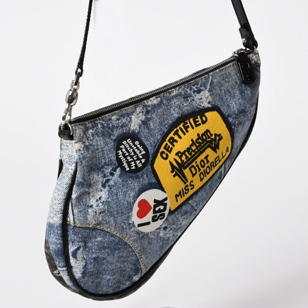 極美品 Christian Dior クリスチャンディオール ミスディオレラデニムプリントサドルバッグ トロンプルイユ レザー キャンバス ガリアーノ期 中古 4a001997