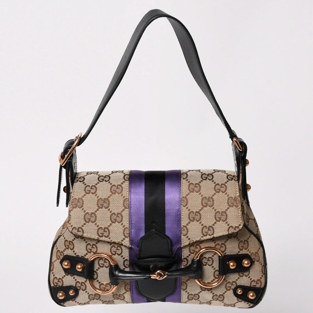 極美品 GUCCI グッチ ホースビットGGキャンバスセミショルダーバッグ パープル ブラック キャンバス地 サテン ブラックレザー トムフォード期 129699 002058 中古 4a001998