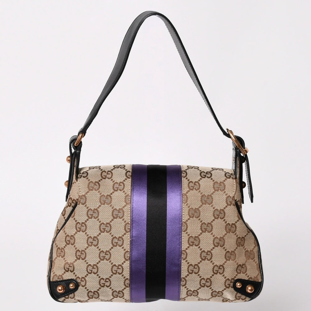 極美品 GUCCI グッチ ホースビットGGキャンバスセミショルダーバッグ パープル ブラック キャンバス地 サテン ブラックレザー トムフォード期 129699 002058 中古 4a001998