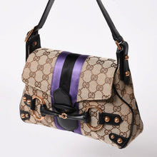 Load image into Gallery viewer, 極美品 GUCCI グッチ ホースビットGGキャンバスセミショルダーバッグ パープル ブラック キャンバス地 サテン ブラックレザー トムフォード期 129699 002058 中古 4a001998