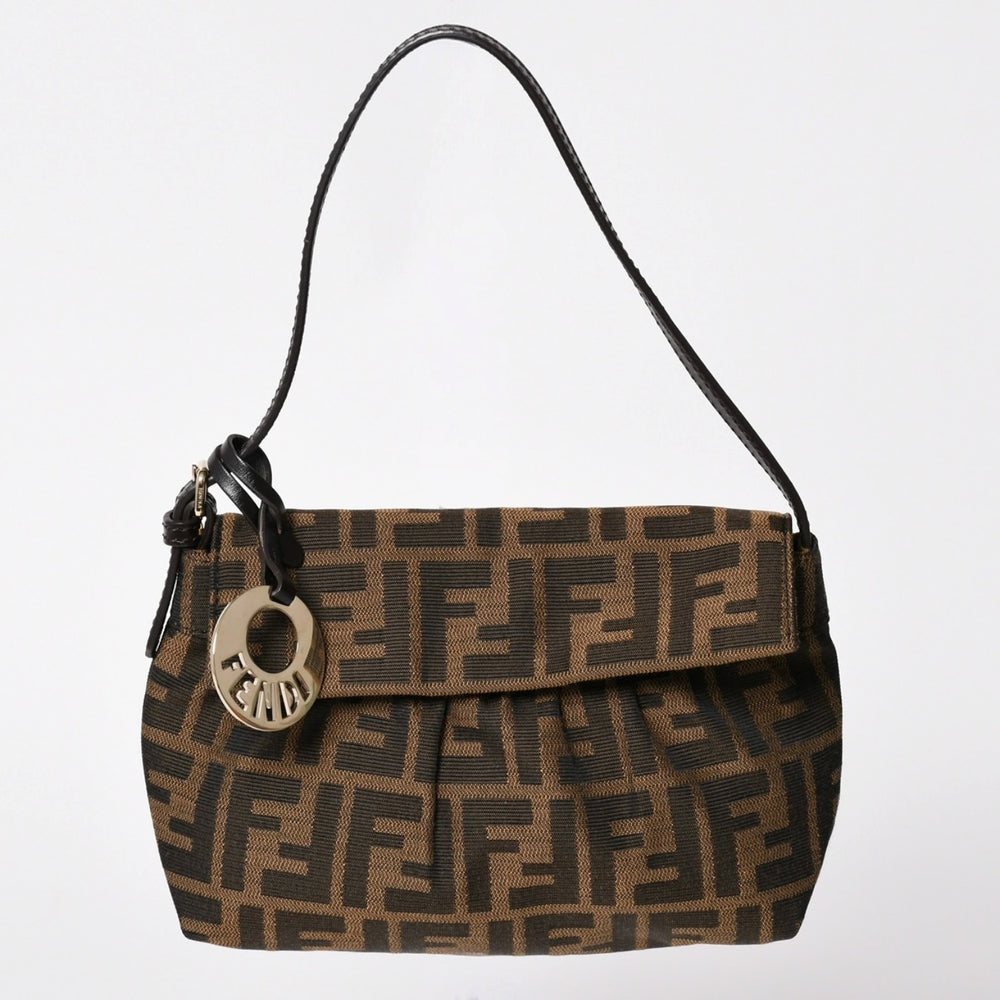 極美品 FENDI フェンディ ハンドバッグ 8BK070 ズッカ柄 ブラウン レザー キャンバス ブラウン ゴールド金具 中古 4a002004