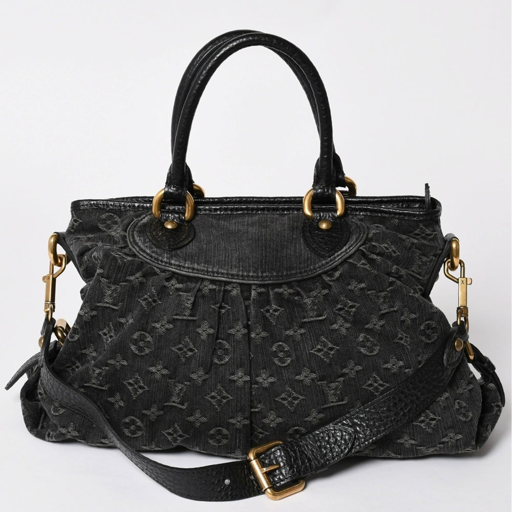 Very Good Condition LOUIS VUITTON Shoulder Bag Slightly Monogram Denim M95835 Black Gold Hardware Used 4a002460