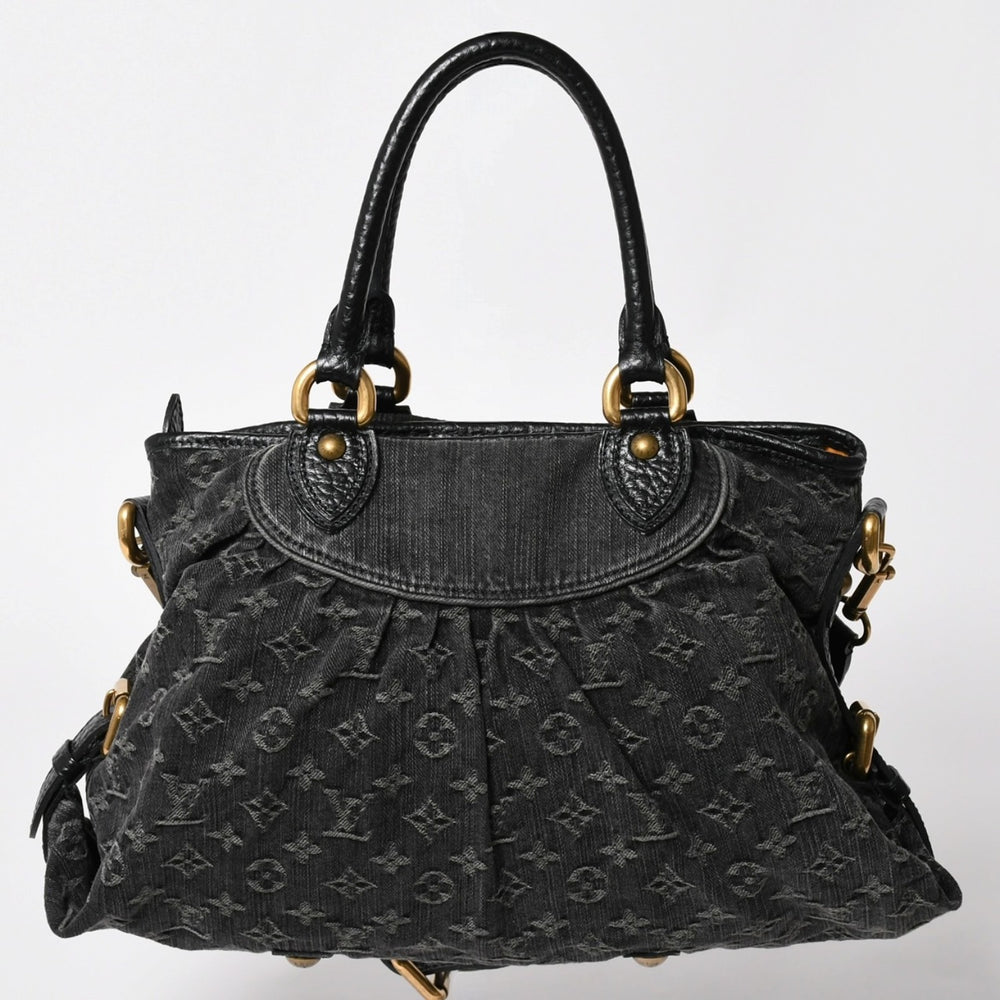 Very Good Condition LOUIS VUITTON Shoulder Bag Slightly Monogram Denim M95835 Black Gold Hardware Used 4a002460