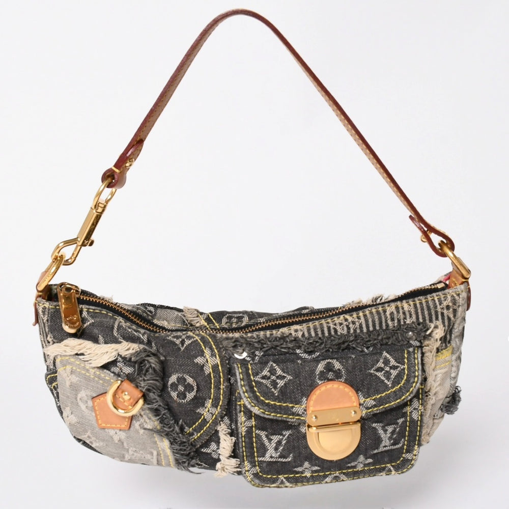 LOUIS VUITTON Pouchy One Shoulder Bag M95383 Monogram Denim Patchwork Gray Good Condition Used 4a001985