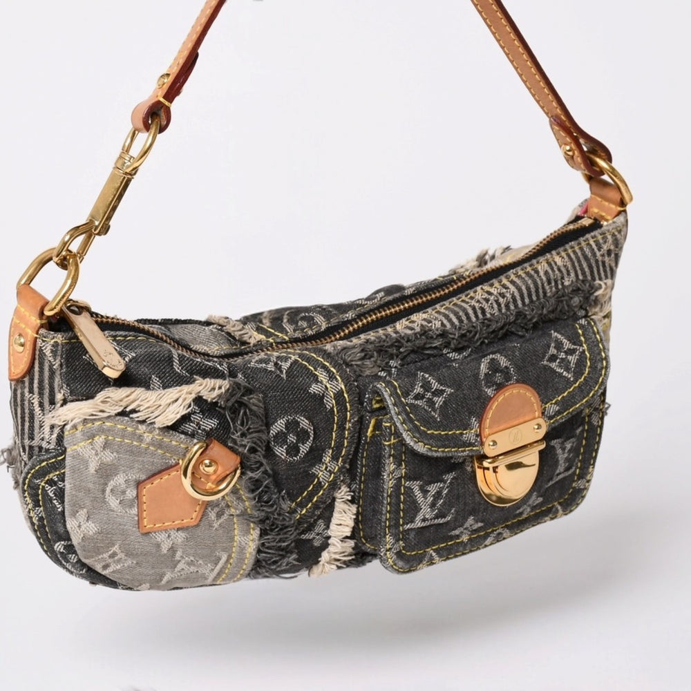 LOUIS VUITTON ルイヴィトン パウチィ ワンショルダーバッグ M95383 モノグラム デニム パッチワーク グレー 美品 中古 4a001985