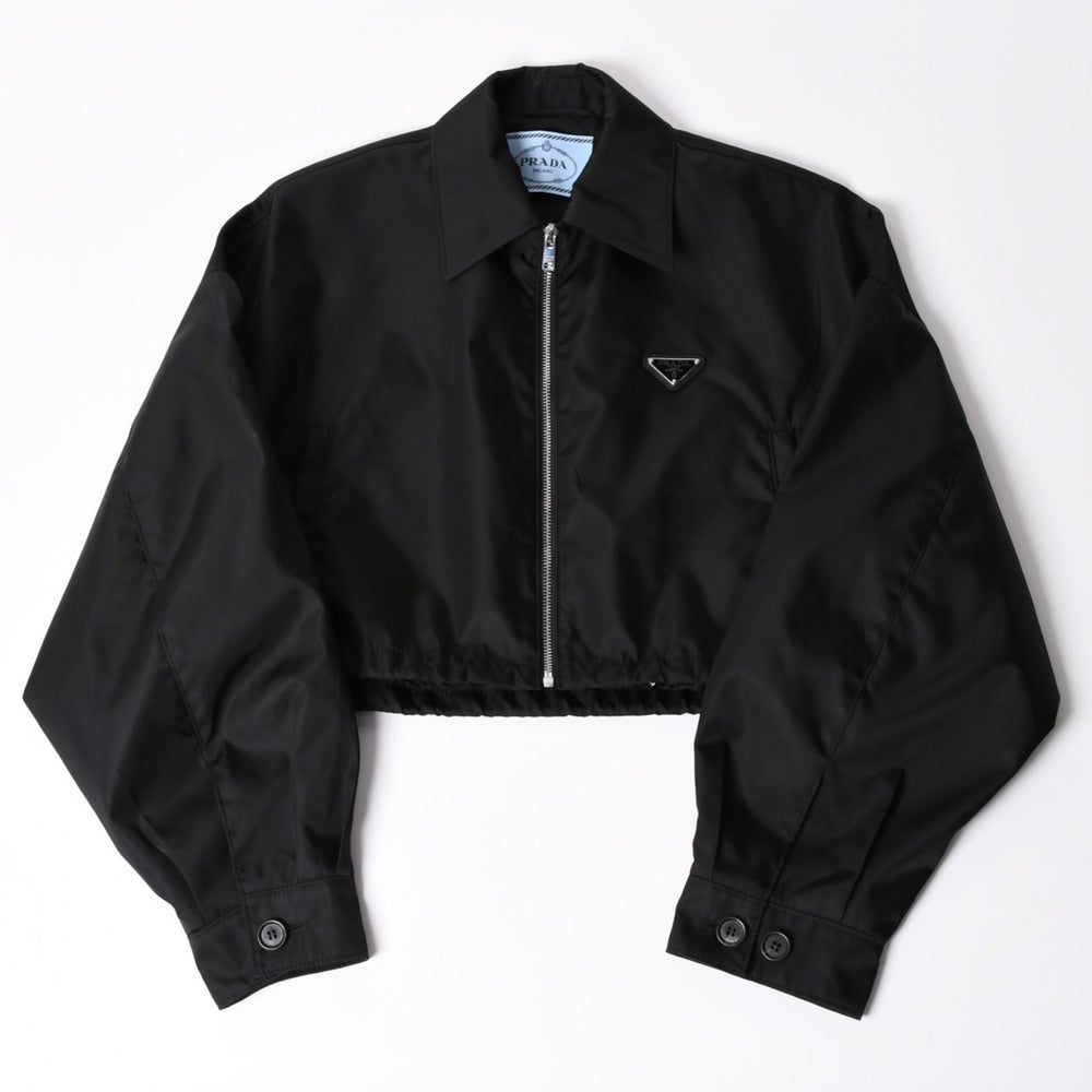極美品 PRADA プラダ クロップド ナイロンジップアップジャケット 292101 サイズ42 トライアングルロゴ ブラック 中古 4a001042
