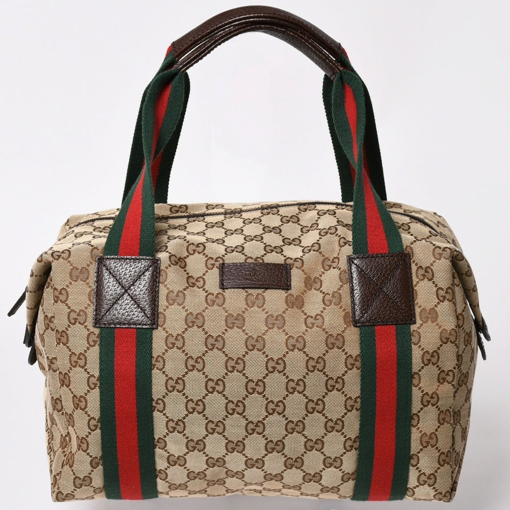 極美品 GUCCI グッチ GGキャンバスシェリーラインボストンバッグ トートバッグ 235135 497717 レザー ブラウン 中古 4a002060