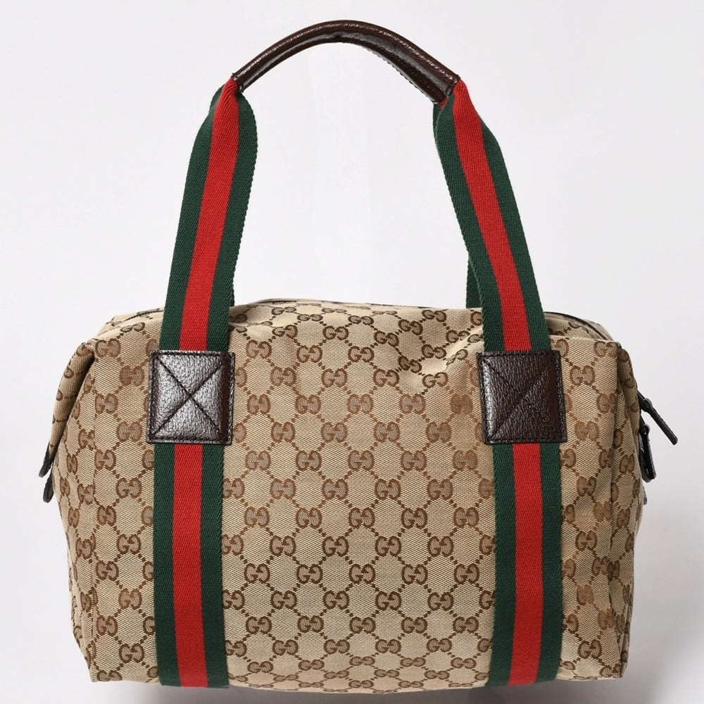 極美品 GUCCI グッチ GGキャンバスシェリーラインボストンバッグ トートバッグ 235135 497717 レザー ブラウン 中古 4a002060