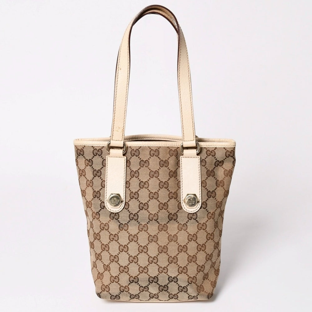 極美品 GUCCI グッチ GGキャンバス トートバッグ ショルダーバッグ バケツ型 レザー アイボリー ベージュ 153361 中古 4a002913