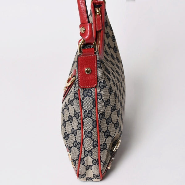 極美品 GUCCI グッチ GGキャンバス ワンショルダーバッグ ゴールド金具 レッド ベージュ ネイビー 130738 中古 4a002934