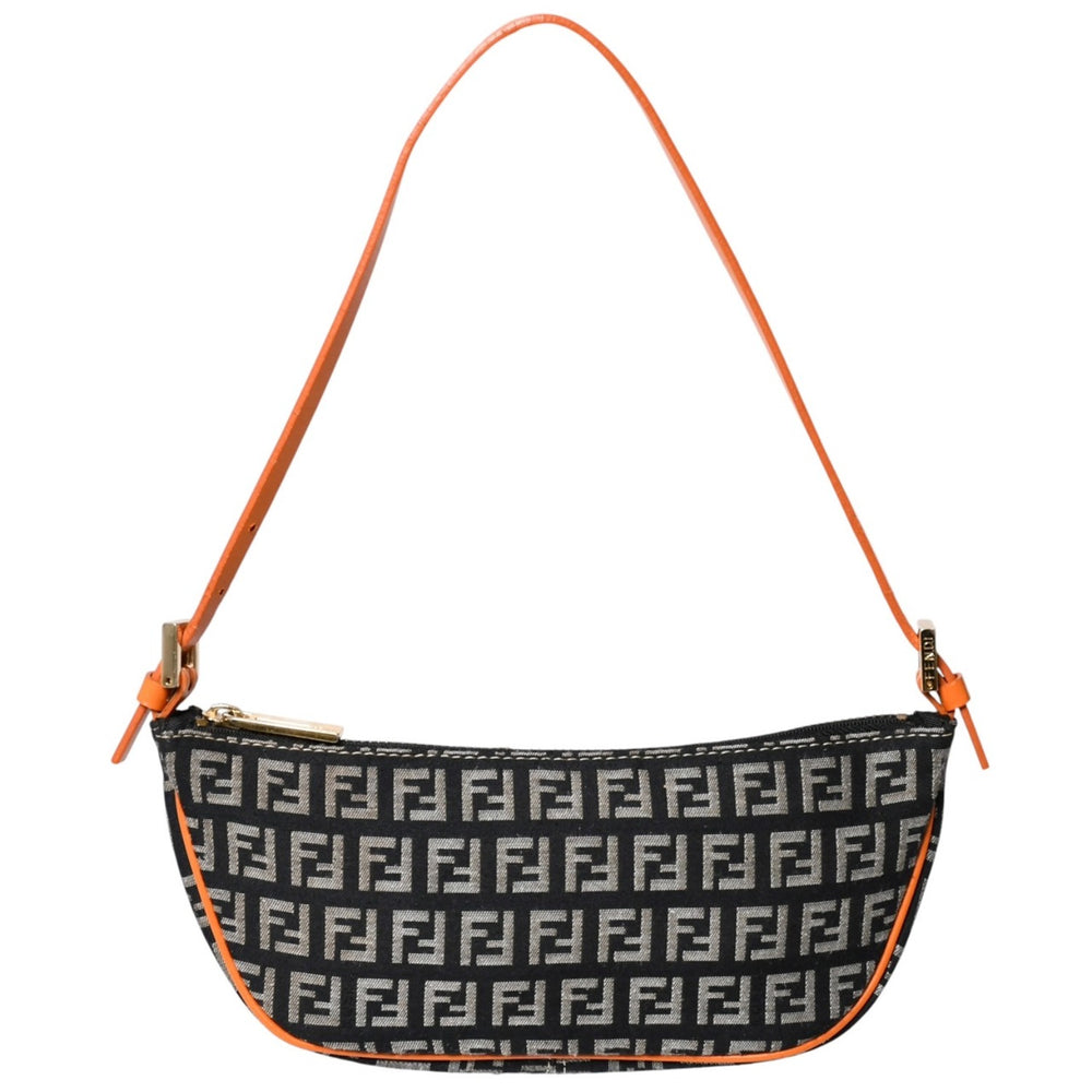 FENDI フェンディ ズッキーノ柄アクセサリーハンドバッグ ブラック オレンジ ポーチ キャンバス レザー パイピング 8BR133 ゴールド金具 美品 中古 4a002018