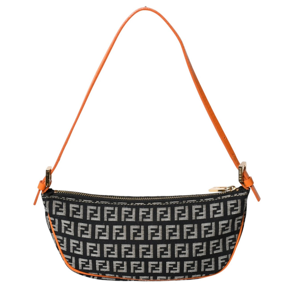 FENDI フェンディ ズッキーノ柄アクセサリーハンドバッグ ブラック オレンジ ポーチ キャンバス レザー パイピング 8BR133 ゴールド金具 美品 中古 4a002018