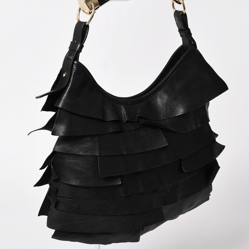 Very good condition YVES SAINT LAURENT Yves Saint Laurent Saint-Tropez One Shoulder Bag Black Frill Leather Logo Shoulder Bag 132244 Gold Hardware Used 4a002027