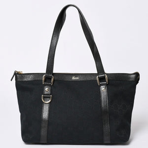 Very good condition GUCCI Abbey Line GG canvas tote bag black handbag D ring leather 141470 213317 gold hardware used 4a002066