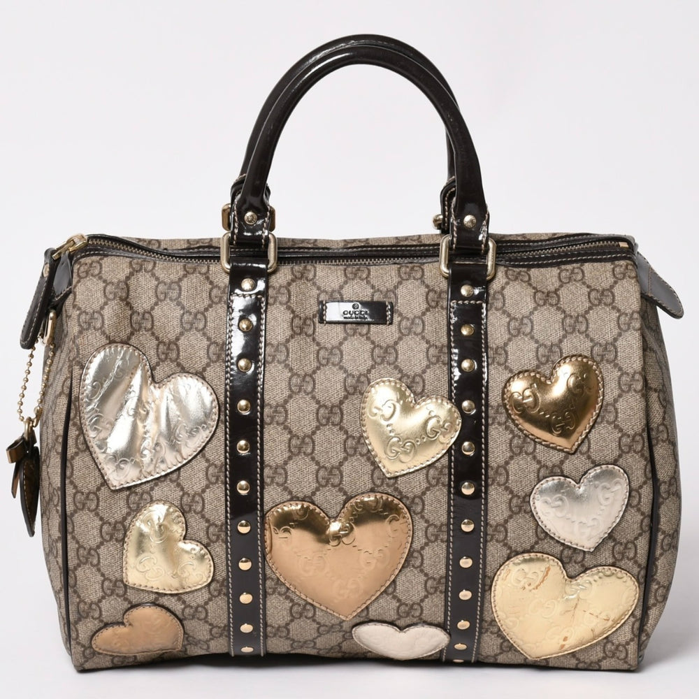 GUCCI グッチ トートバッグ 193603 ハート柄 GGキャンバス レザー ゴールド金具 ブラウン 美品 中古 4a002051