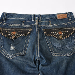 ROBIN'S JEAN ロビンズジーン パッチワークデザインジーンズ D5075 パッチワーク デニムパンツ ディストレッシド加工 インディゴ 38サイズ 良品 中古 4b002062