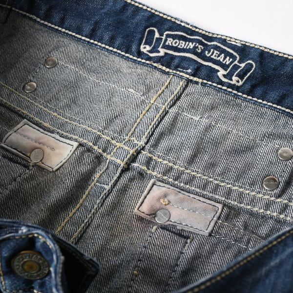 ROBIN'S JEAN ロビンズジーン パッチワークデザインジーンズ D5075 パッチワーク デニムパンツ ディストレッシド加工 インディゴ 38サイズ 良品 中古 4b002062