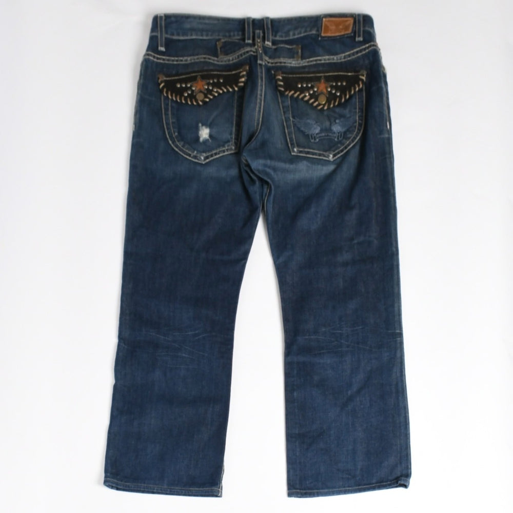 ROBIN'S JEAN ロビンズジーン パッチワークデザインジーンズ D5075 パッチワーク デニムパンツ ディストレッシド加工 インディゴ 38サイズ 良品 中古 4b002062