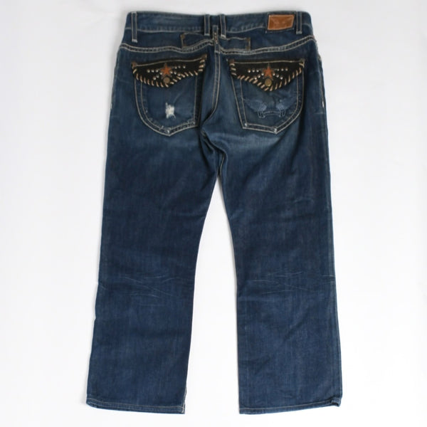 ROBIN'S JEAN ロビンズジーン パッチワークデザインジーンズ D5075 パッチワーク デニムパンツ ディストレッシド加工 インディゴ 38サイズ 良品 中古 4b002062