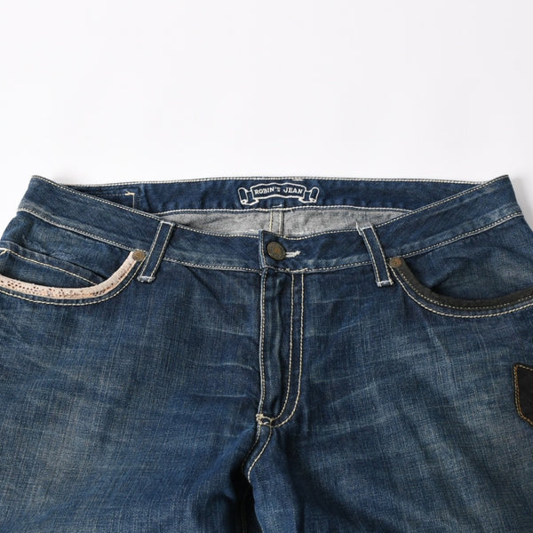 ROBIN'S JEAN ロビンズジーン パッチワークデザインジーンズ D5075 パッチワーク デニムパンツ ディストレッシド加工 インディゴ 38サイズ 良品 中古 4b002062