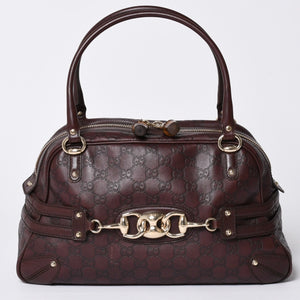 Very Good Condition GUCCI Gucci Guccisima Mini Boston Handbag 159398 Shoulder Bamboo Horsebit Leather Wine Red Used 4a002047