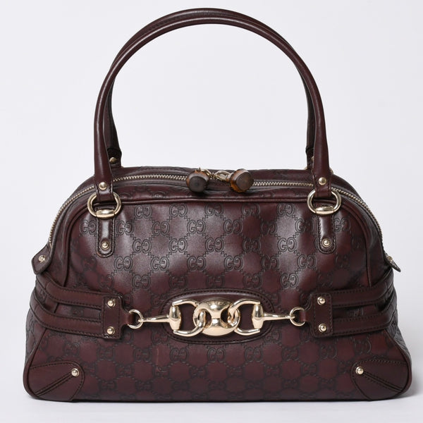 Very Good Condition GUCCI Gucci Guccisima Mini Boston Handbag 159398 Shoulder Bamboo Horsebit Leather Wine Red Used 4a002047