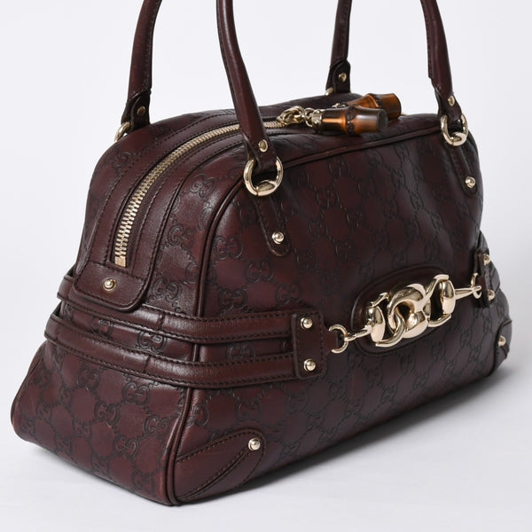 Very Good Condition GUCCI Gucci Guccisima Mini Boston Handbag 159398 Shoulder Bamboo Horsebit Leather Wine Red Used 4a002047