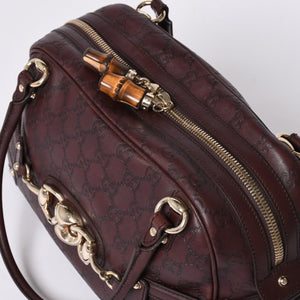 Very Good Condition GUCCI Gucci Guccisima Mini Boston Handbag 159398 Shoulder Bamboo Horsebit Leather Wine Red Used 4a002047