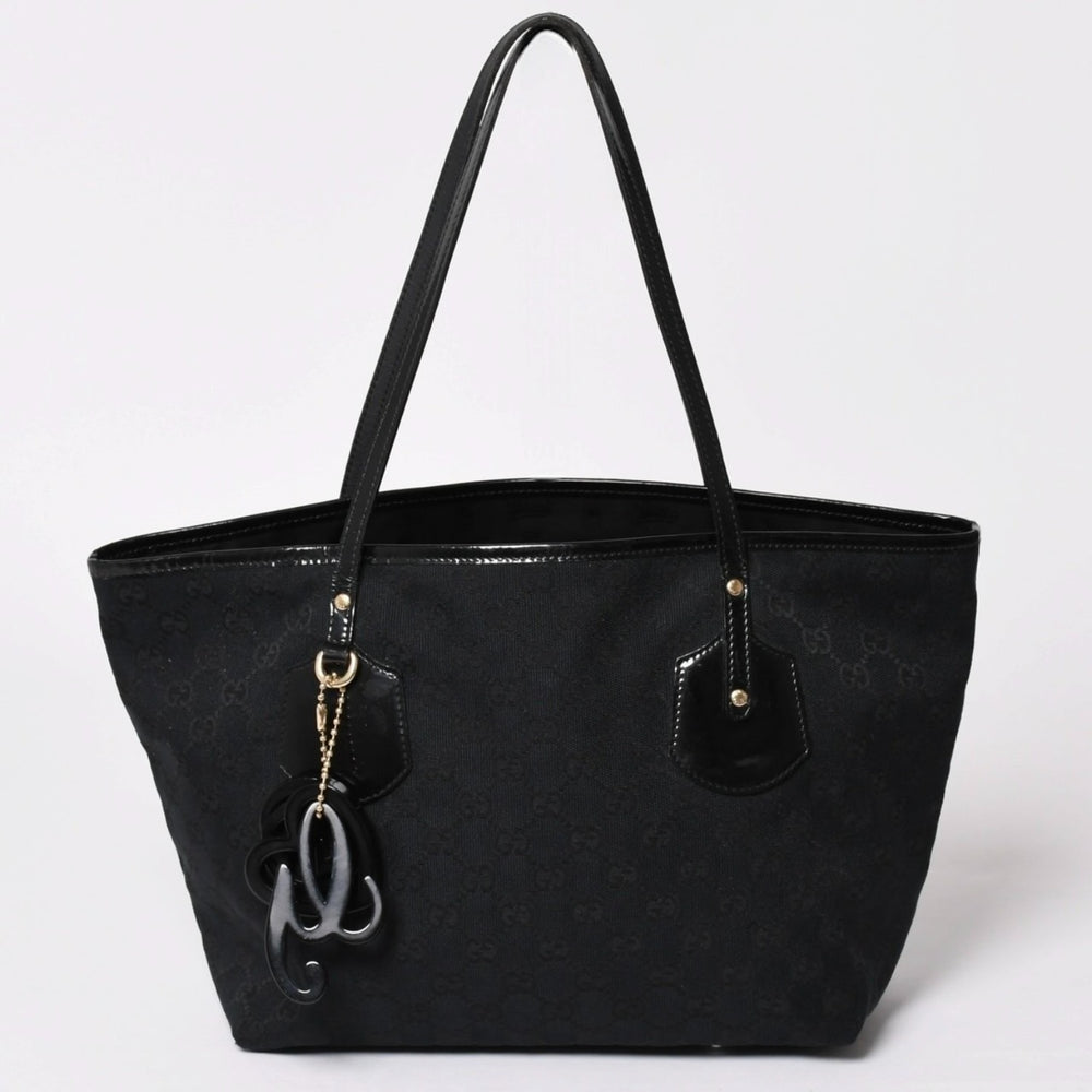 極美品 GUCCI グッチ GGキャンバスジョリートートバッグ ブラック パテントレザー ハンドバッグ 211976 ゴールド金具 中古 4a002065
