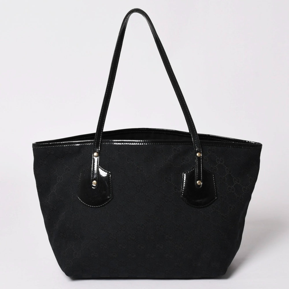 極美品 GUCCI グッチ GGキャンバスジョリートートバッグ ブラック パテントレザー ハンドバッグ 211976 ゴールド金具 中古 4a002065